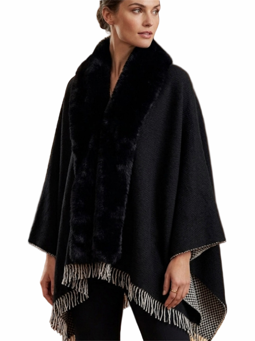 Just Jamie Black & Green Plaid Cape faux fur collar – One Size